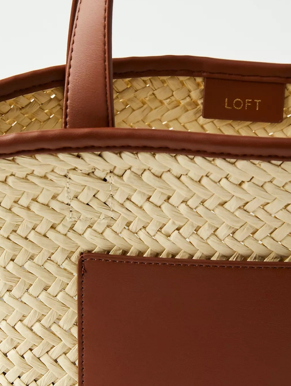 LOFT Natural Straw Tote with Brown Faux Leather Trim - Picture 2 of 3
